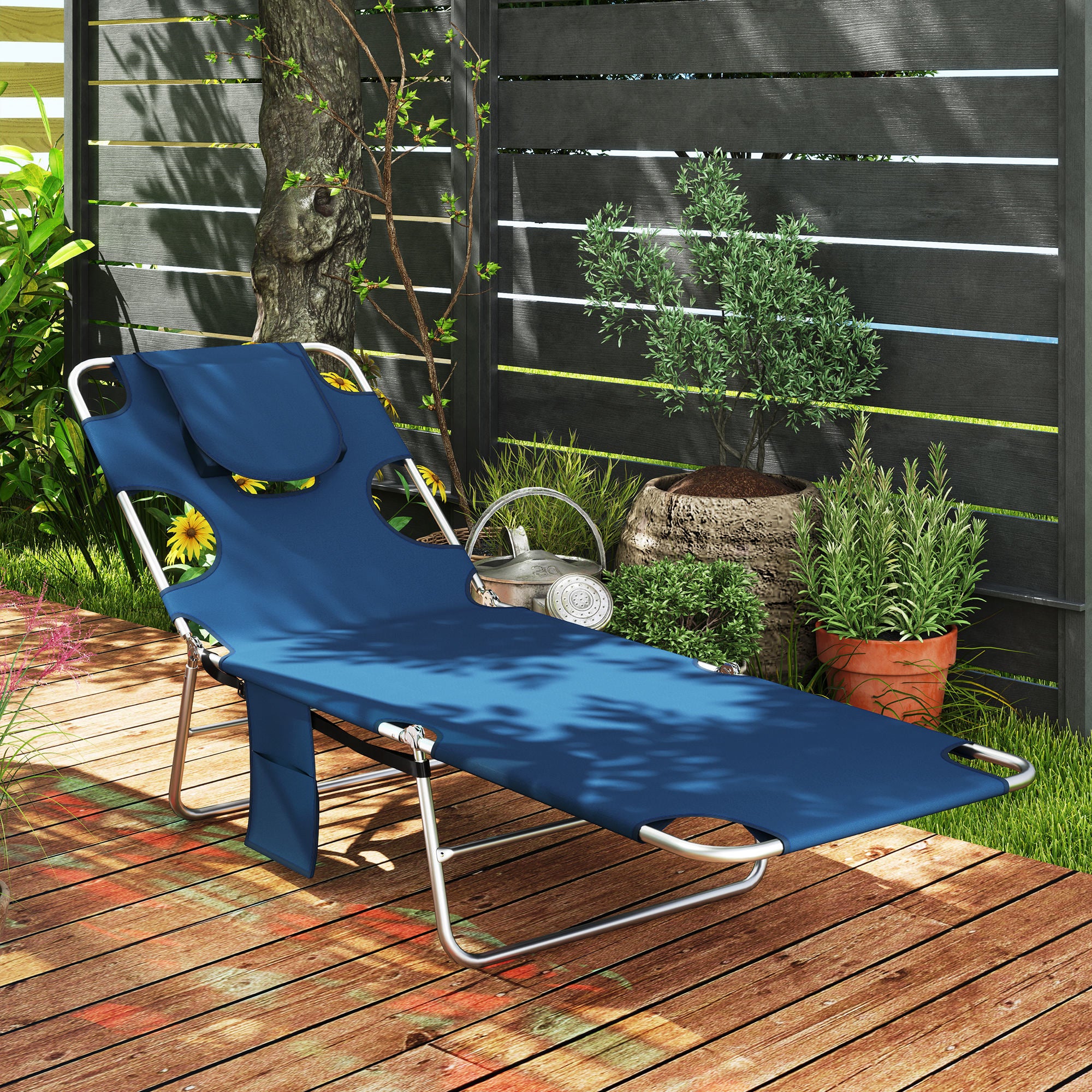 Folding Outdoor Chaise Lounge Sun Tanning Chair With Face Cavity, Pillow, 5-level Adjustable For Beach, Pool, Dark Blue