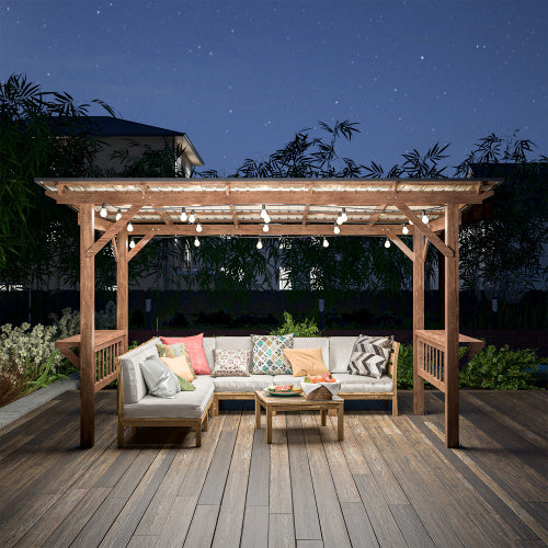 13' X 6.5' Wooden Pergola Grill Gazebo With Metal Roof & Bulbs & Bar Counters - Outdoor Chilling
