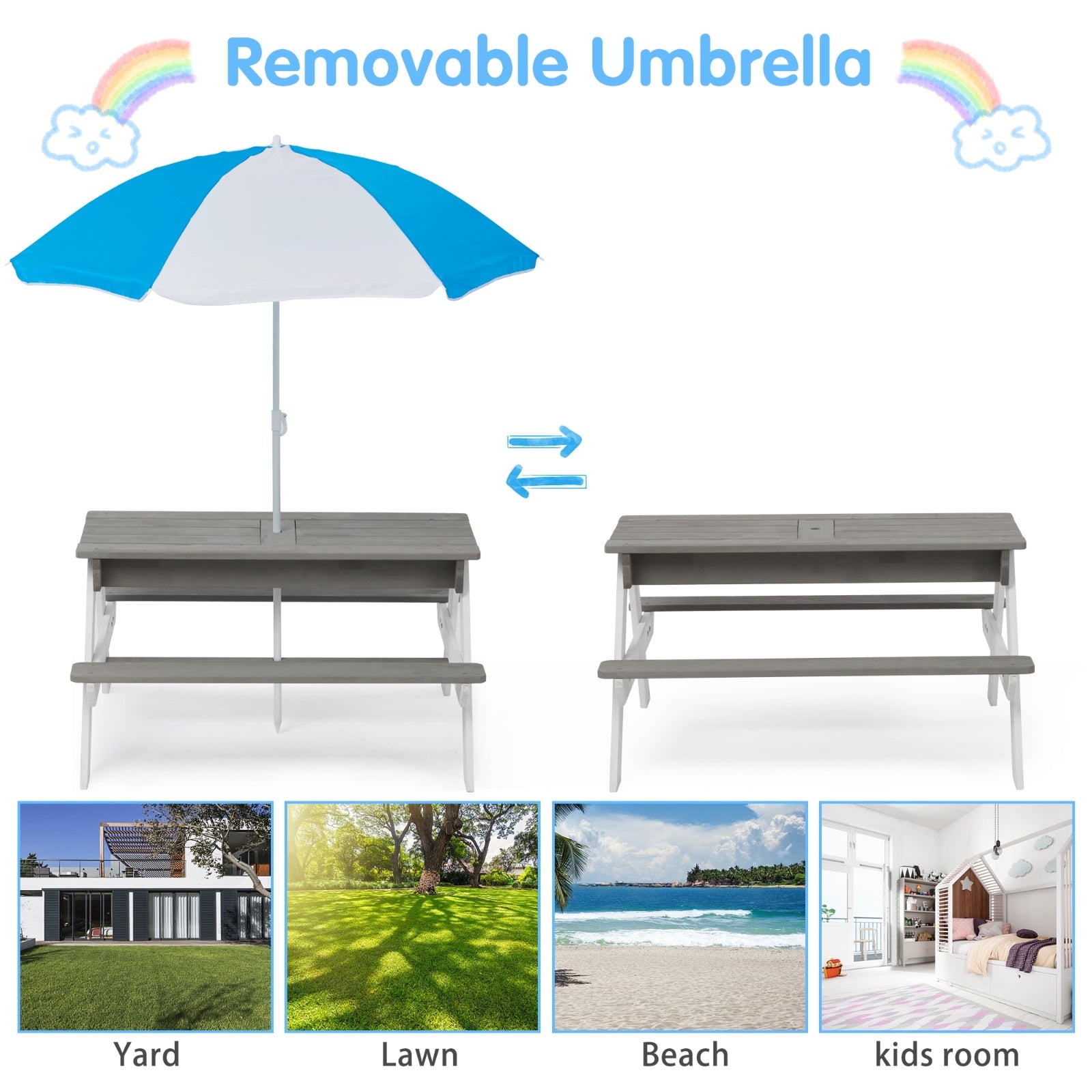 3-in-1 Kids Outdoor Wooden Picnic Table With Umbrella, Sand & Water, Gray ASTM