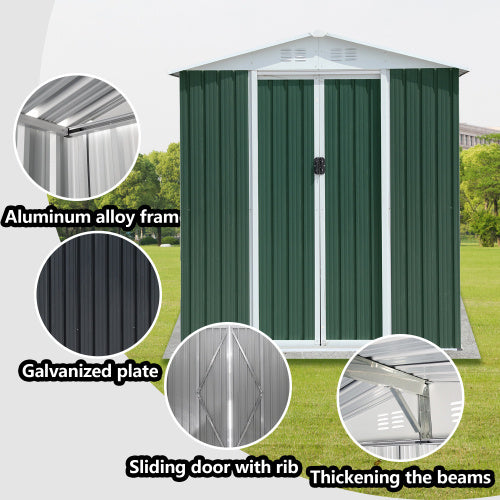 6FTx4FT Apex Roof Green Outdoor Tool Storage House Garden Shed With Aluminum Alloy Frame And Sliding Door