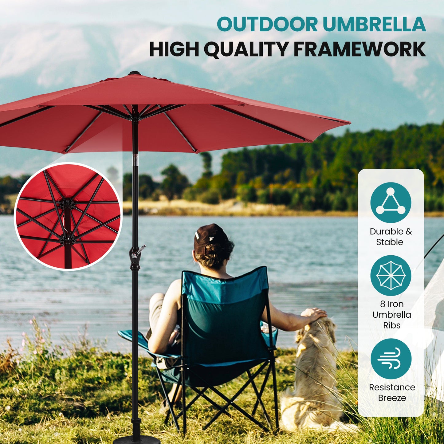 Outdoor Patio Umbrella With Push Button Tilt And Crank, Market Umbrella 8 Sturdy Ribs UV Protection Waterproof For Garden, Backyard, Red