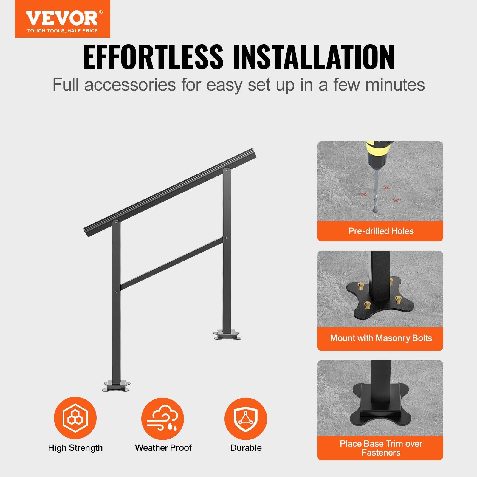VEVOR Outdoor Handrail 165LBS Load Handrail Outdoor Stairs Aluminum Stair Handrail Outdoor Stair Railing Transitional Range From Staircase Handrail Fits 2-3 Steps With Screw Kit - Outdoor Chilling