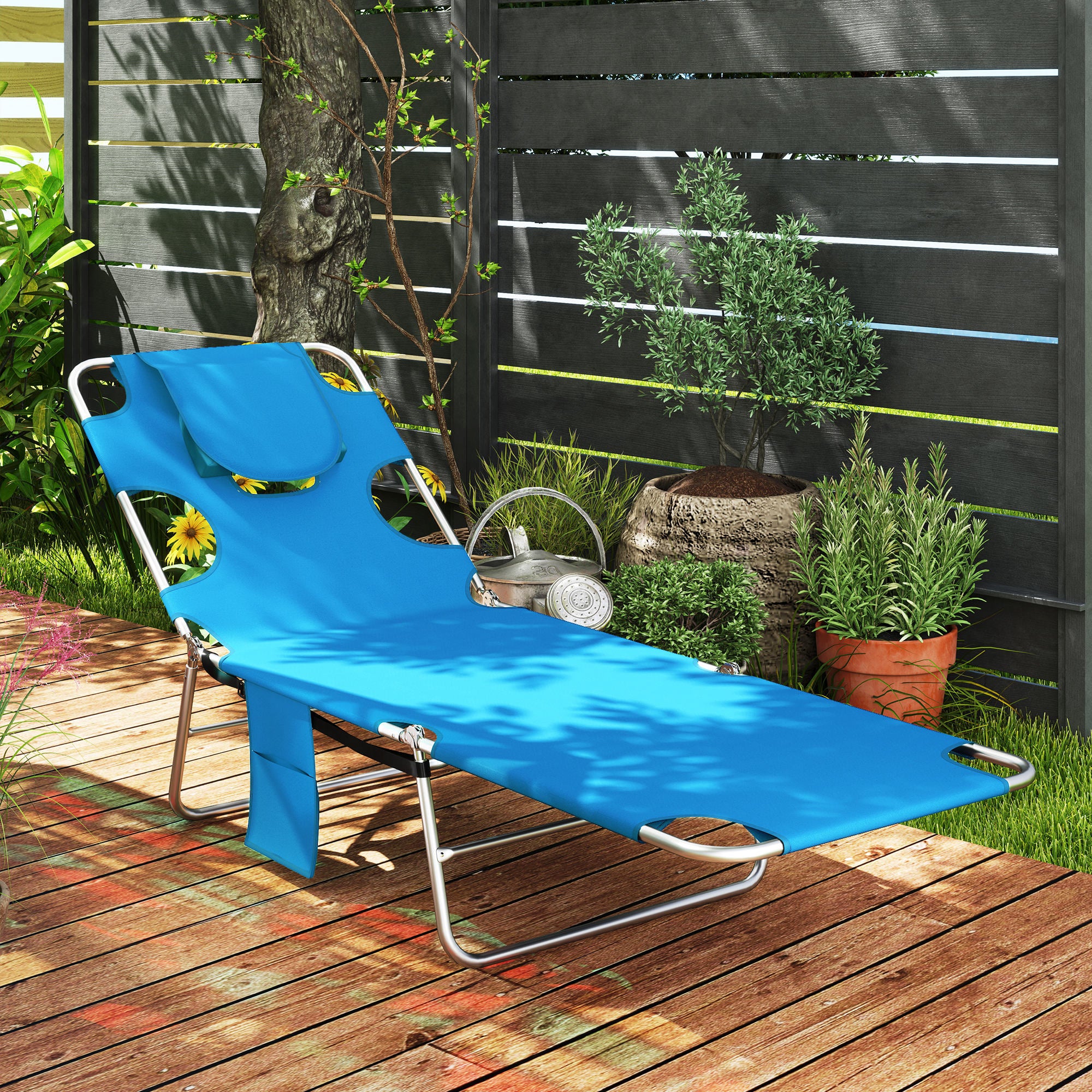 Folding Outdoor Chaise Lounge Sun Tanning Chair With Face Cavity, Pillow, 5-level Adjustable For Beach, Pool, Light Blue