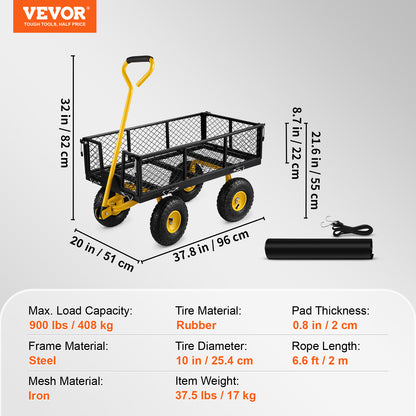 VEVOR Steel Garden Cart, Heavy Duty 900 Lbs Capacity, With Removable Mesh Sides To Convert Into Flatbed, Utility Metal Wagon With Rotating Handle And 10 In Tires, Perfect For Garden, Farm, Yard