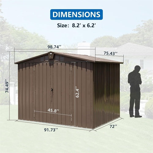 Outdoor Storage Shed 8.2' X 6.2', Metal Steel Utility Tool Shed Storage House With Double Lockable Doors &Air Vents For Backyard Patio Garden Lawn Brown - Outdoor Chilling