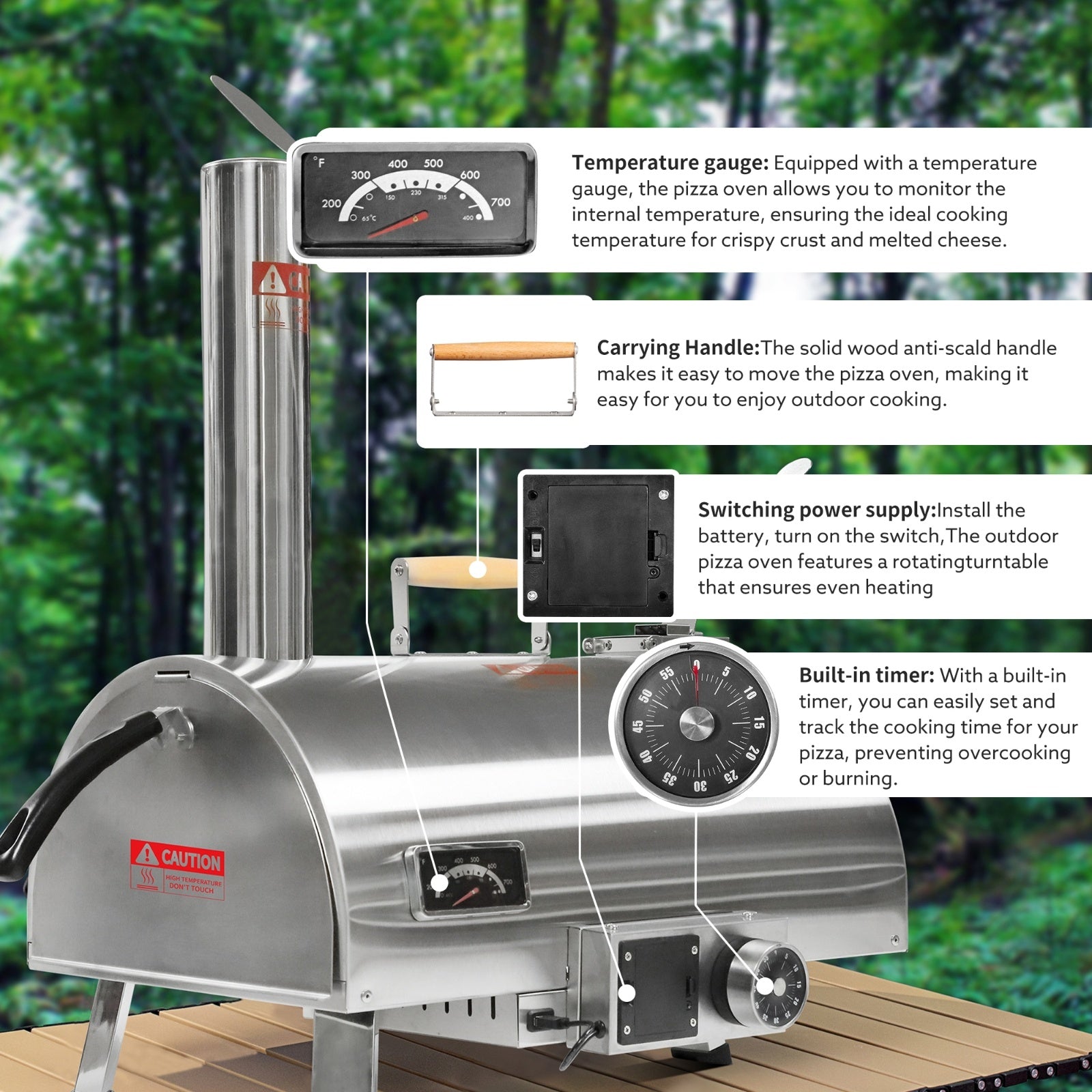 Outdoor 12 Automatic Rotatable Wood Fired Pizza Oven, Stainless Steel Portable