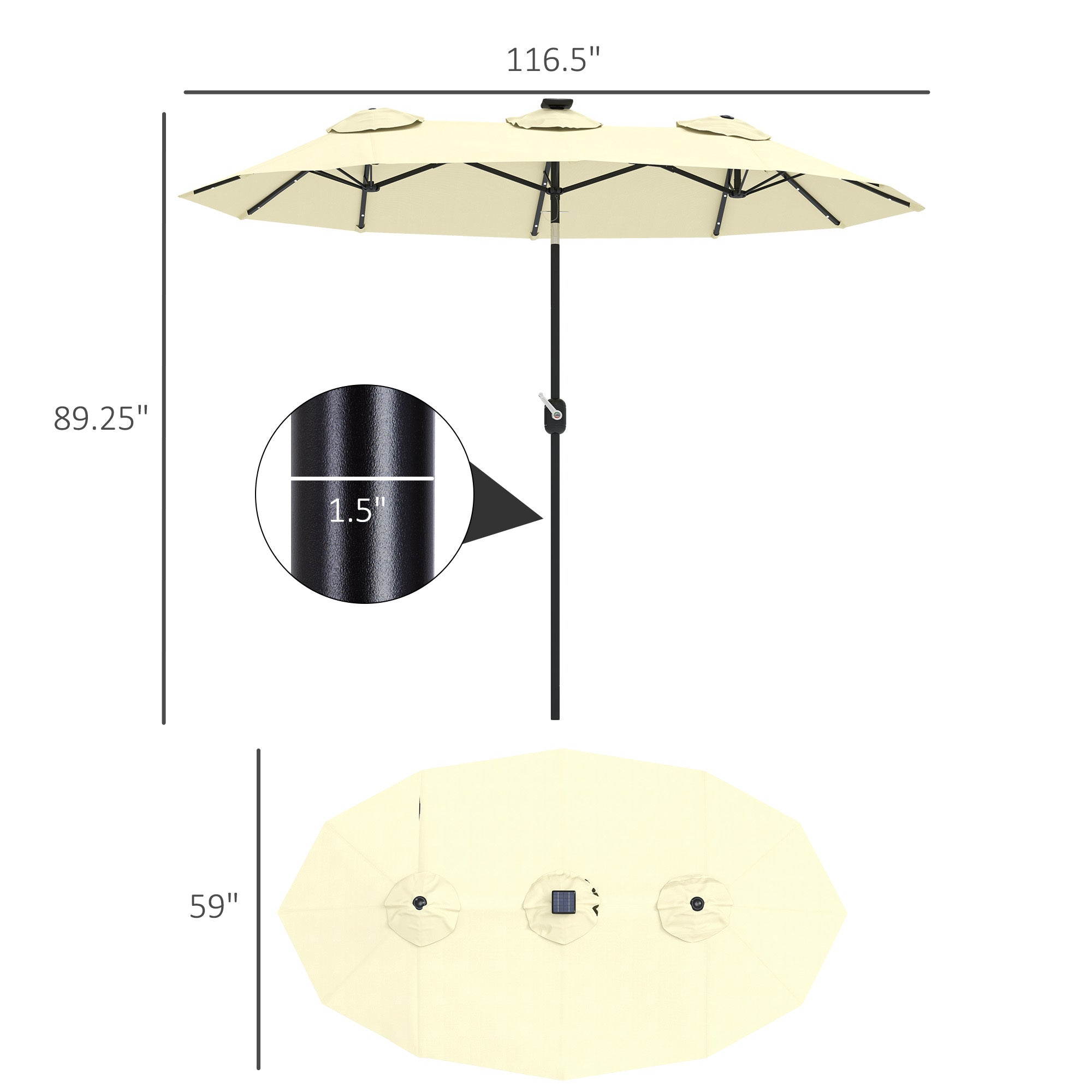 Double-sided Patio Umbrella, 9.7 Outdoor Umbrella With Tilt And Crank, LED Solar Light And 12 Ribs, Cream White