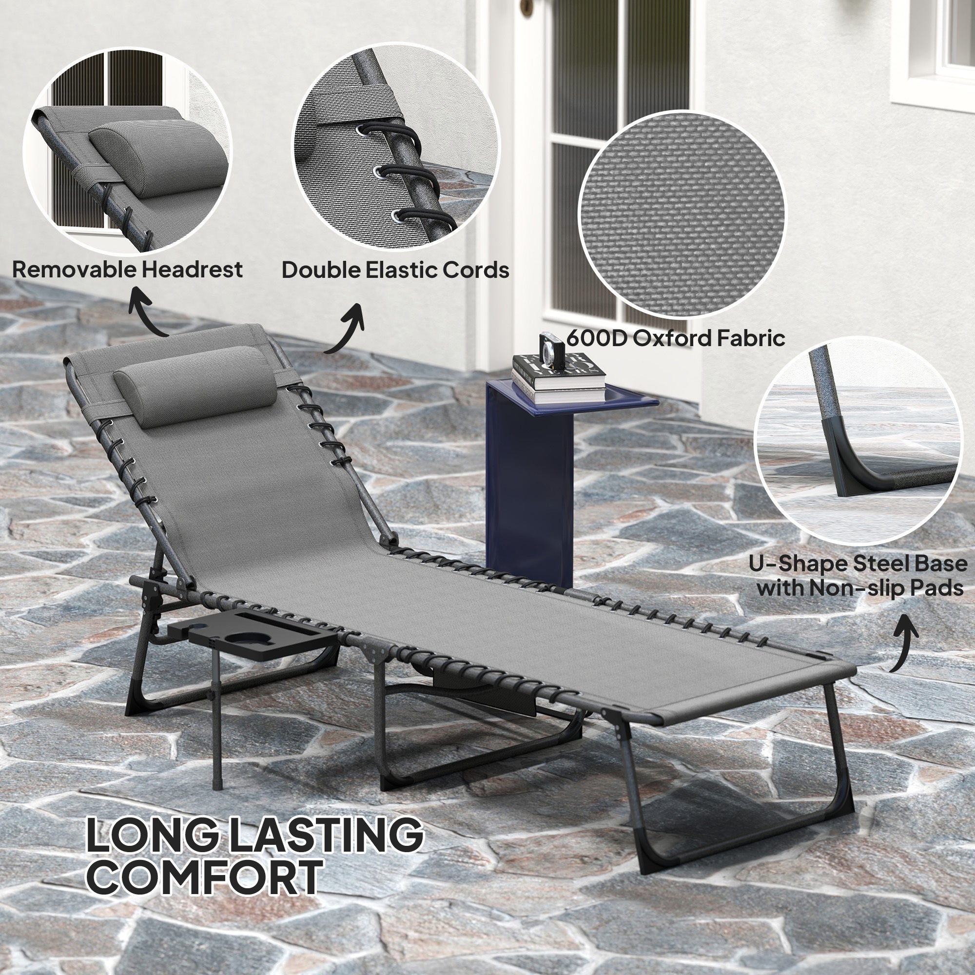 Folding Outdoor Chaise Lounge Chair Tanning Chair With 5-Level Adjustable Back, Side Table, Pillow, Pocket, Gray