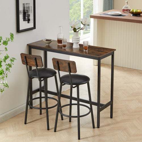 Bar Table Set With 2 Bar Stools PU Soft Seat With Backrest, Rustic Brown