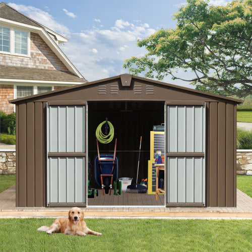 Storage Shed 11 X 12.5  With Galvanized Steel Frame & Windows, Outdoor Garden Shed Metal Utility Tool Storage Room With Lockable Door For Patio Brown