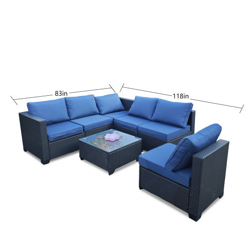 Seven-Piece Sofa Set Table With Sofa Chair Black PE Rattan Outdoor Furniture 7-JH001 Box 3-1-2-3 With Blue Color Cushion