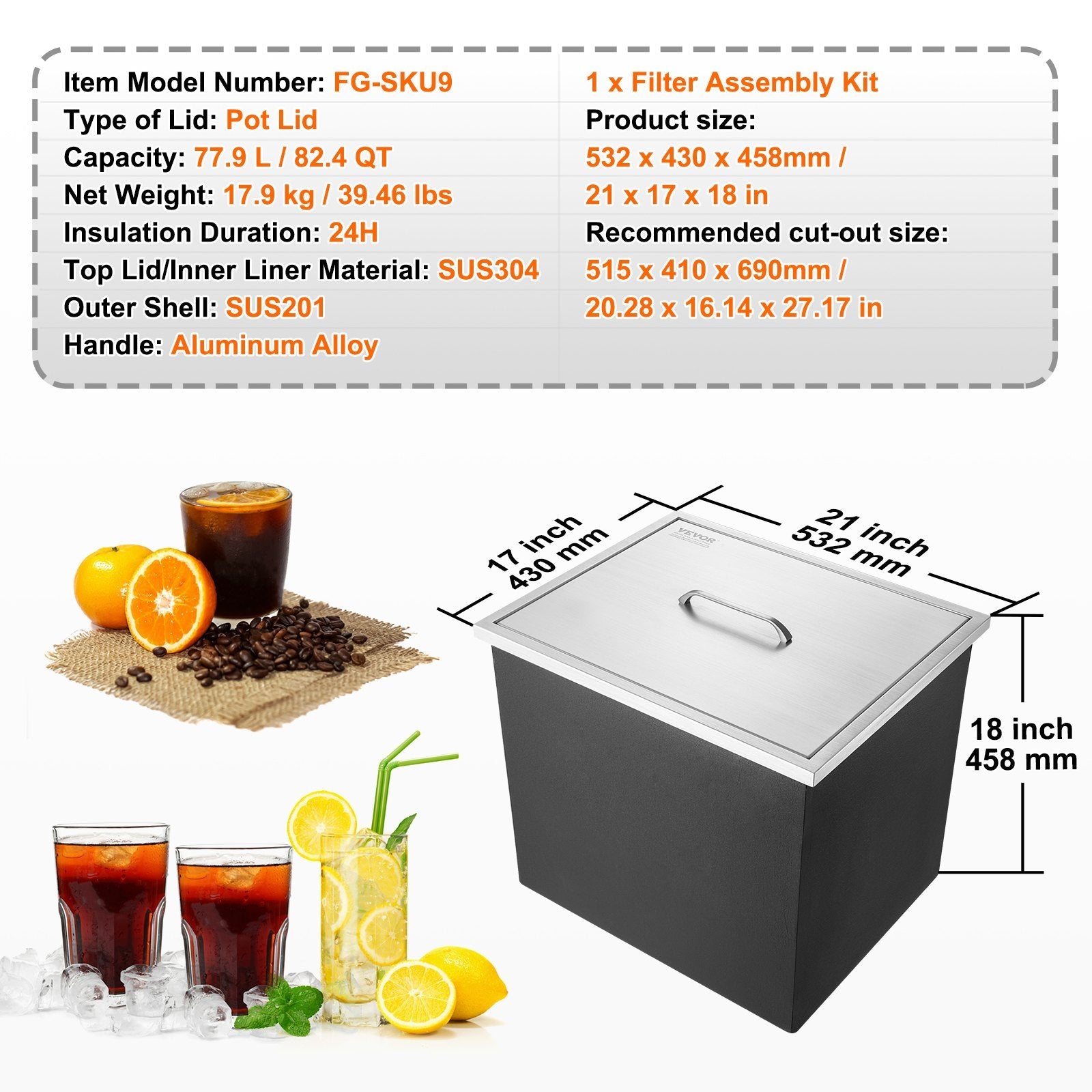 VEVOR Drop In Ice Chest, Stainless Steel Ice Cooler, Commercial Ice Bin With Cover, 40 Qt Outdoor Kitchen Ice Bar, Drain-pipe And Drain Plug Included, For Cold Wine Beer