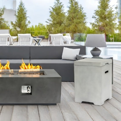 Outdoor Tank Table For Gas Fire Pits, Hides Propane Tank Cover, Concrete Light Gray, Side Handles