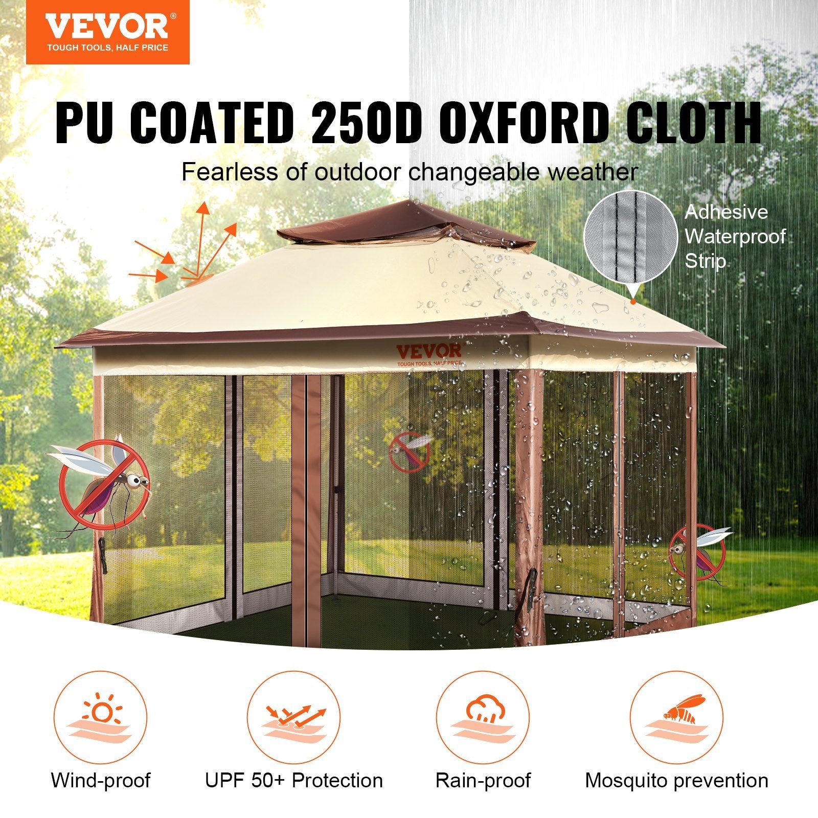 VEVOR Patio Gazebo, 11 X 11 FT Pop Up Gazebo For 8-10 Person, With Mosquito Netting, Metal Frame, And PU Coated 250D Oxford Cloth, Outdoor Canopy Shelter For Patio, Backyard, Lawn, Garden, Deck - Outdoor Chilling