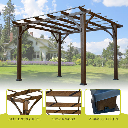 12' X 10' Outdoor Pergola, Wood Grape Gazebo For Climbing Plant Support, Garden, Patio, Backyard, Deck, Brown