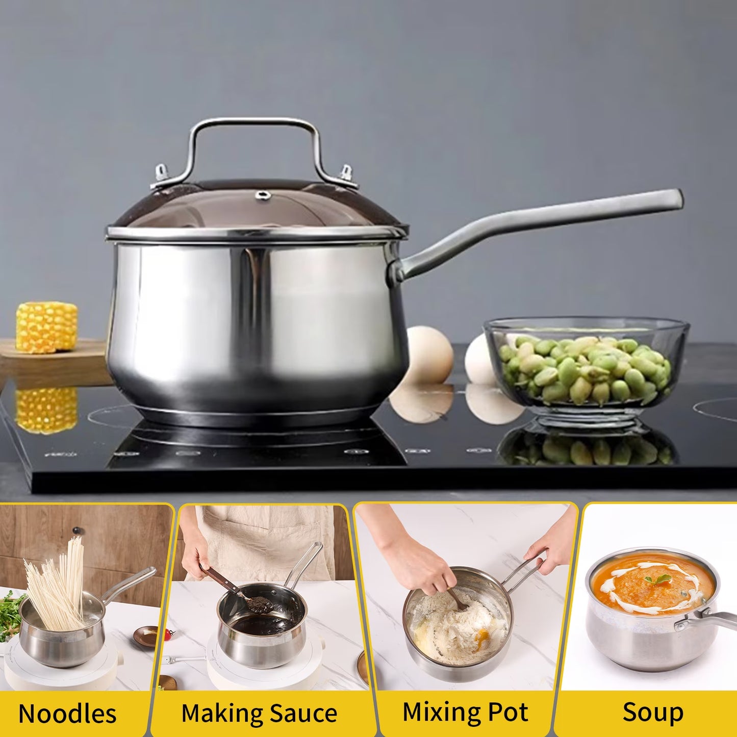 WANGYUANJI Non-Stick Stainless Steel Saucepan With Lid, 2.85QT Small Soup Pot For All Stoves, Oven Save, Dishwasher Safe