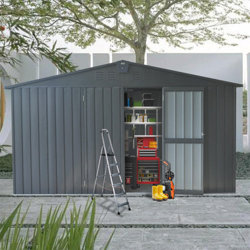 Storage Shed 11 X 12.5 With Galvanized Steel Frame Windows, Outdoor Garden Shed Metal Utility Tool Storage Room With Lockable Door For Patio Dark Gray - Outdoor Chilling