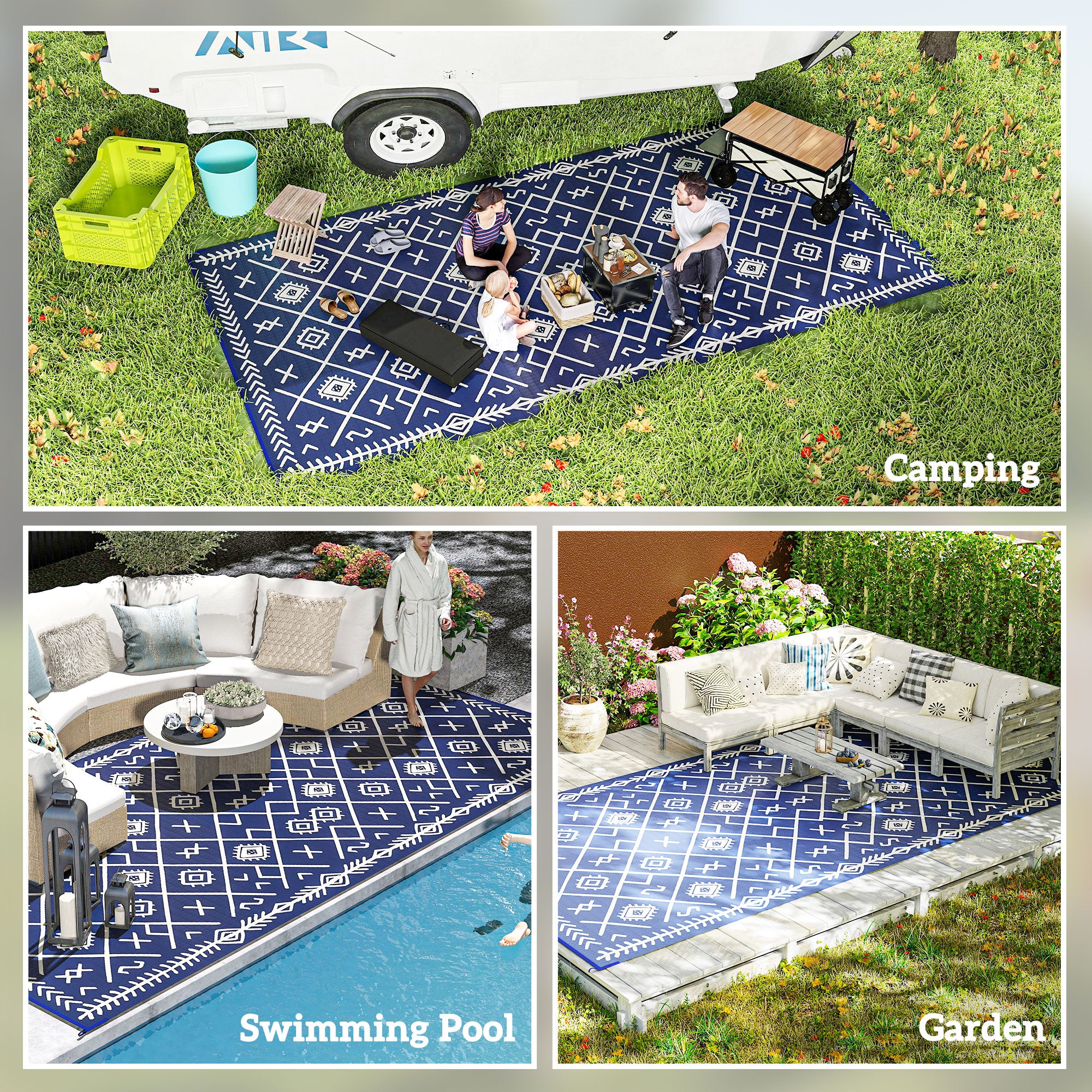 Reversible Outdoor Rug, Waterproof Plastic Straw With Carry Bag, 9 X 18, Blue & White Rhombus