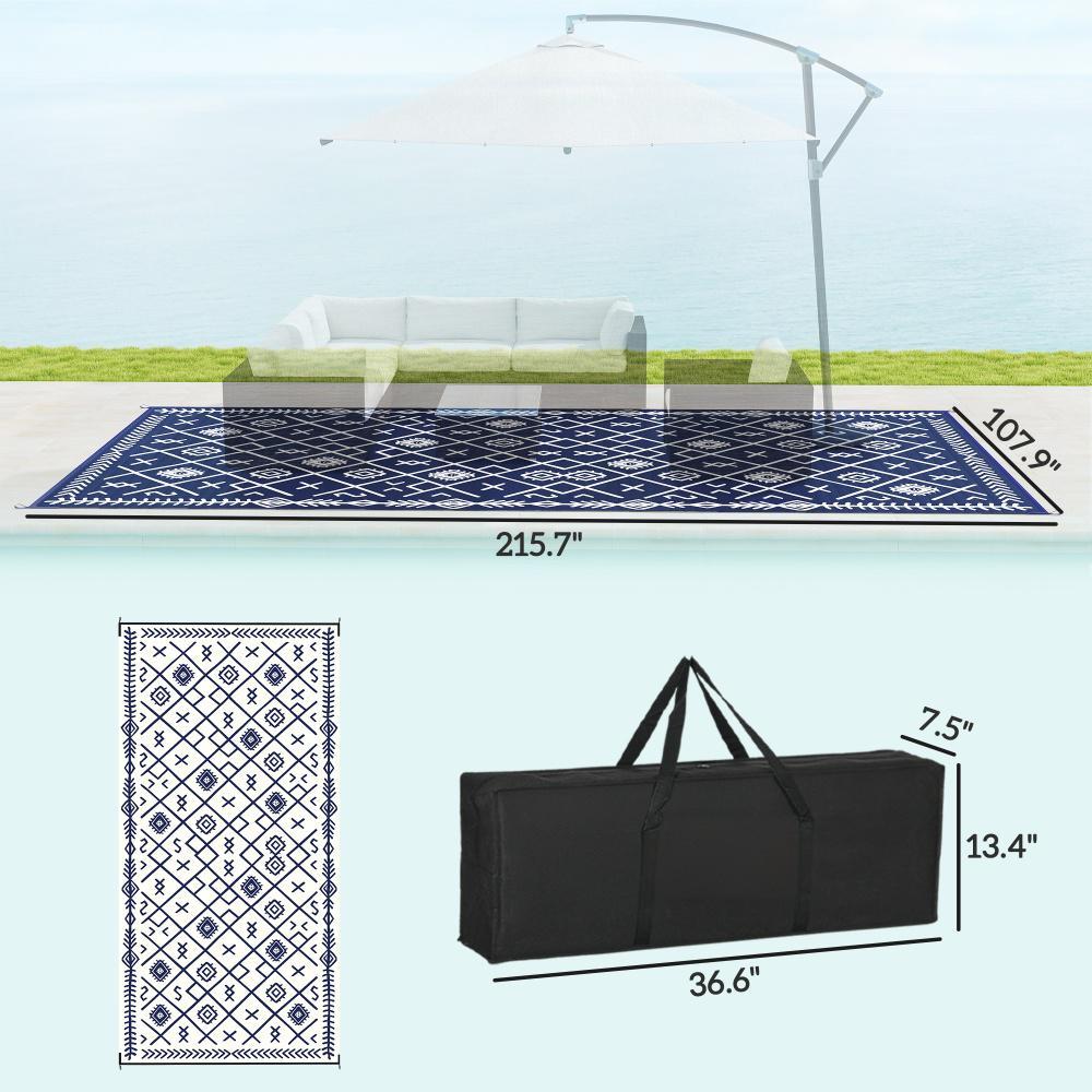 Reversible Outdoor Rug, Waterproof Plastic Straw With Carry Bag, 9 X 18, Blue & White Rhombus