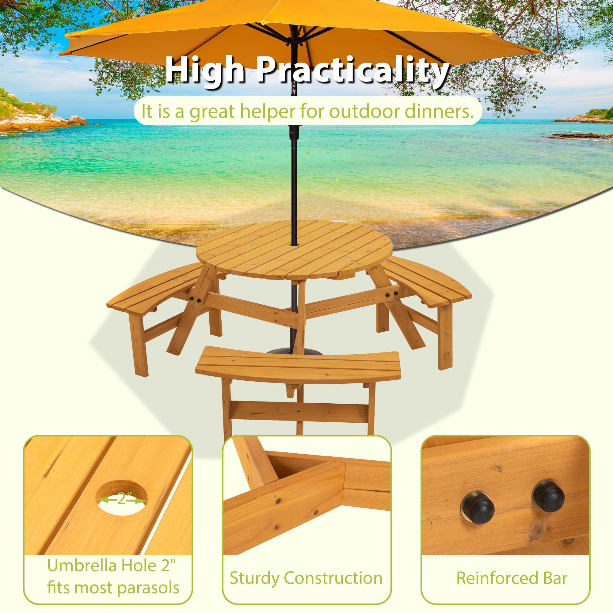 Circular Outdoor Wooden Picnic Table For Patio, Backyard, Garden, DIY