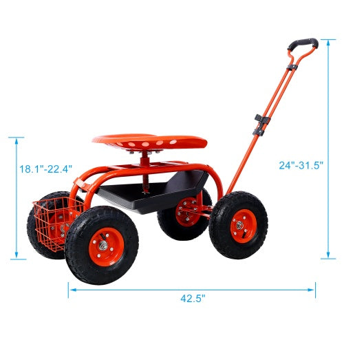 Rolling Garden Scooter Garden Cart Seat With Wheels And Tool Tray, 360 Swivel Seat,Red