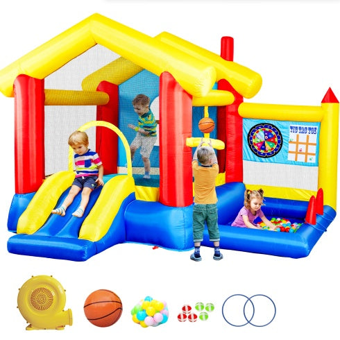 8 In 1 Inflatable Bounce House With Blower Basketball Hoop Ocean Balls Ring-toss Game Target And Sticky Ball Game For Kids