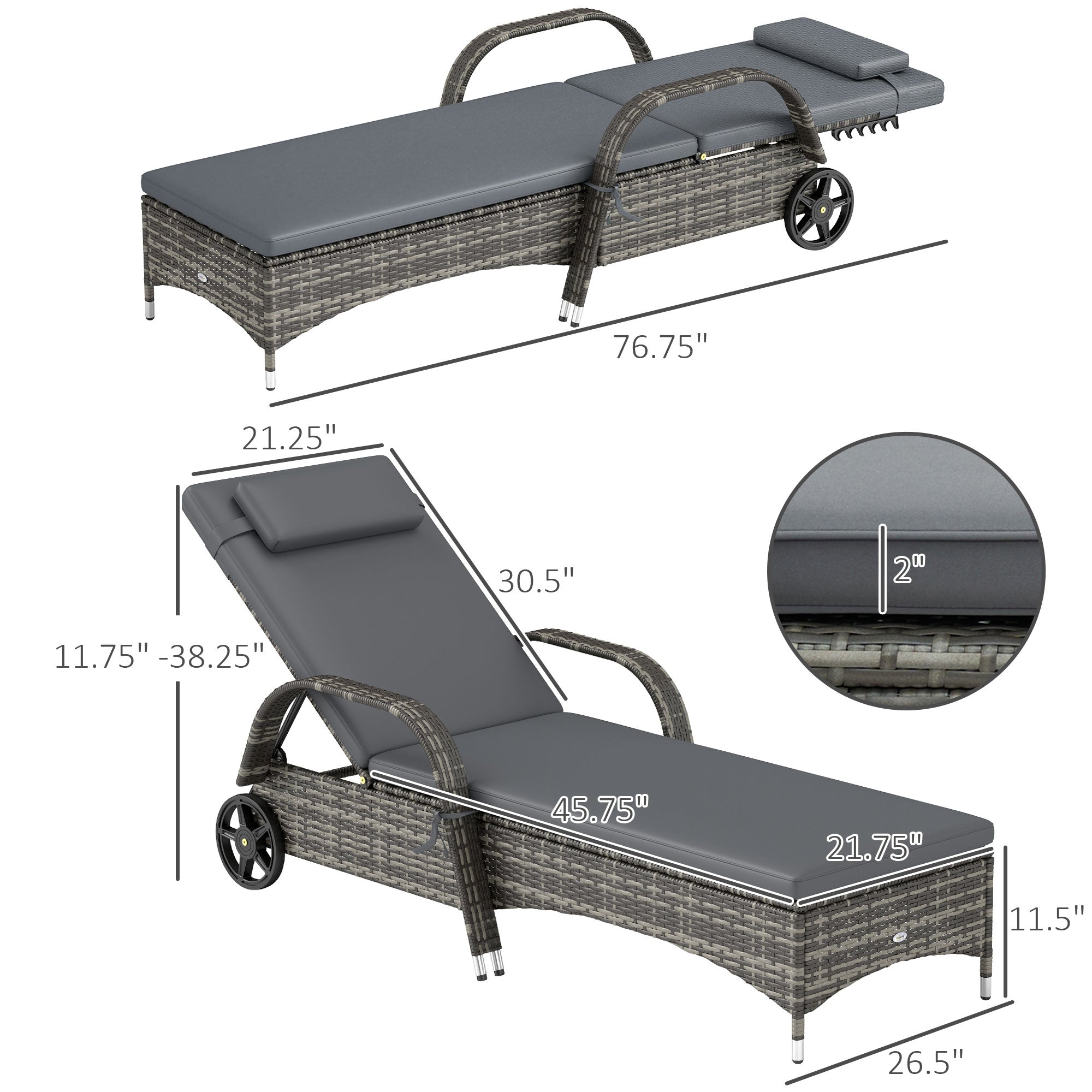 2 Reclining Chaise Lounge Chairs, Rolling Outdoor Chairs With Cushion, Pillow, Headrest, Armrests, And Wheels, Gray