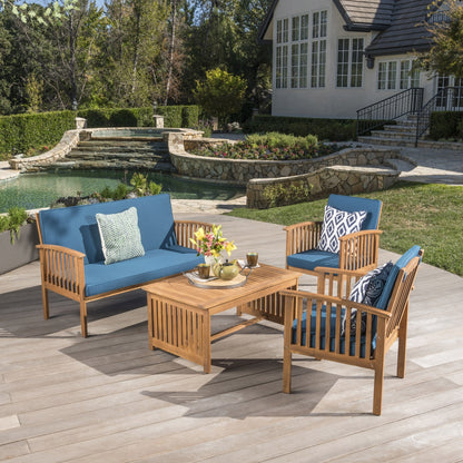 Outdoor Acacia Wood Sofa Set With Water Resistant Cushions, 4-Pcs Set, Brown Patina  Teal Blue