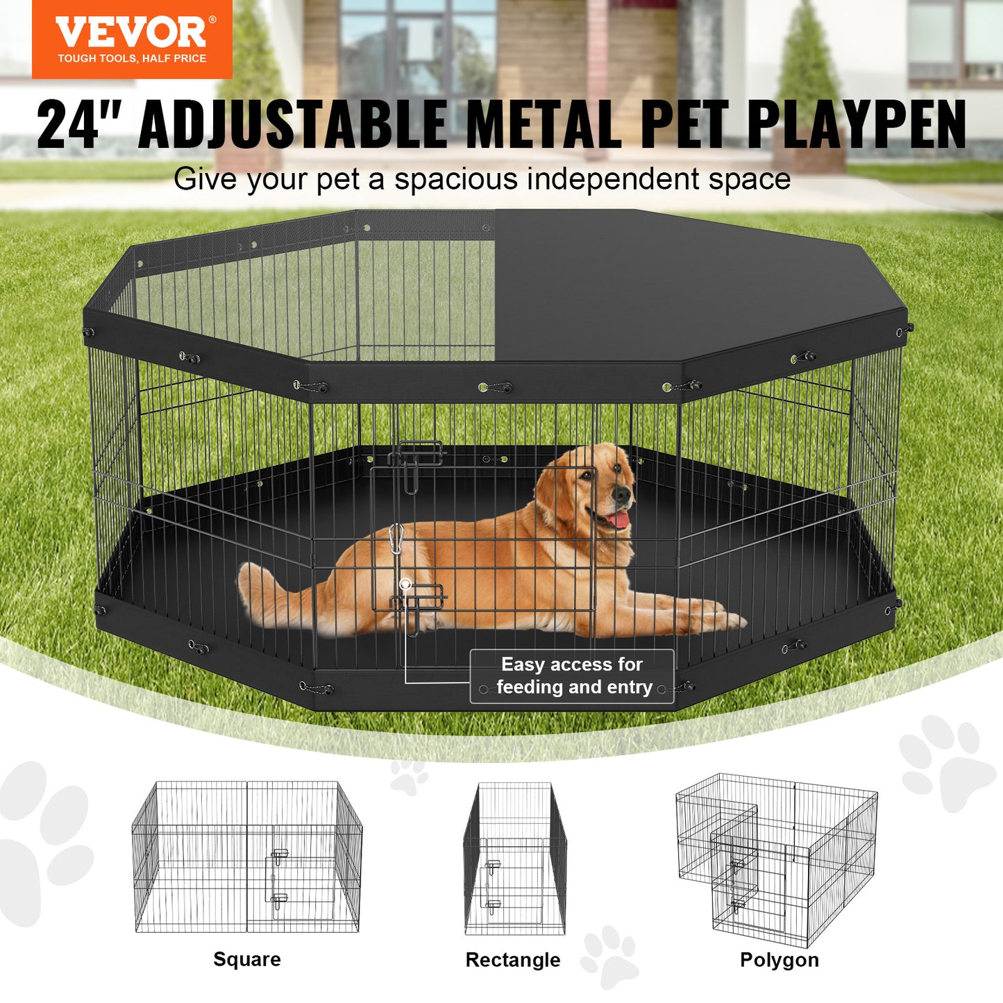 VEVOR Dog Playpen, 8 Panels Foldable Metal Dog Exercise Pen With Top Cover And Bottom Pad, 24in H Pet Fence Puppy Crate Kennel, Indoor Outdoor Dog Pen For Small Medium Pets, For Camping, Yard