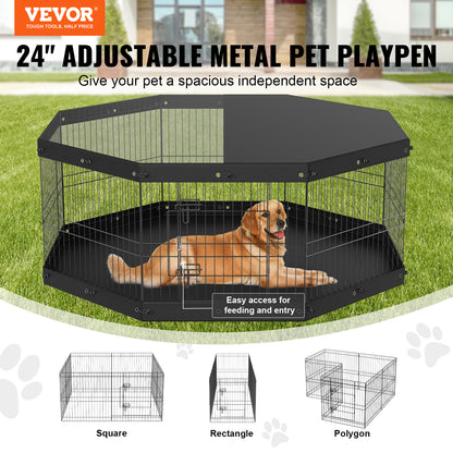 VEVOR Dog Playpen, 8 Panels Foldable Metal Dog Exercise Pen With Top Cover And Bottom Pad, 24in H Pet Fence Puppy Crate Kennel, Indoor Outdoor Dog Pen For Small Medium Pets, For Camping, Yard