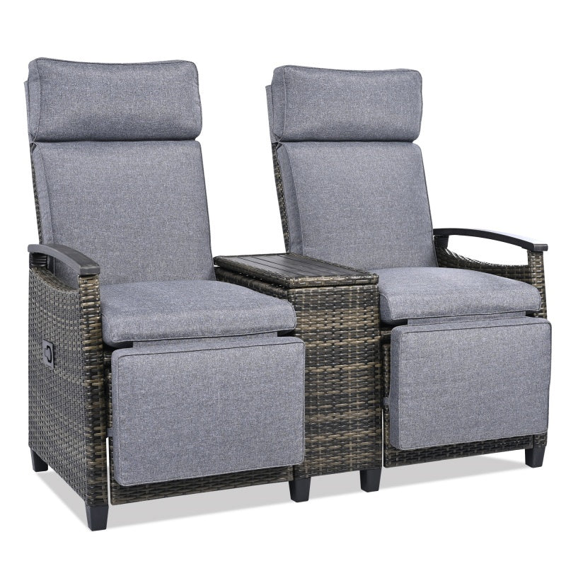 Terrace Lounge Chair Double Sofa, Adjustable Backrest Willow Outdoor Leisure Chair Set, Equipped With Acacia Wood Armrests And Built-in Storage Table, Gray.