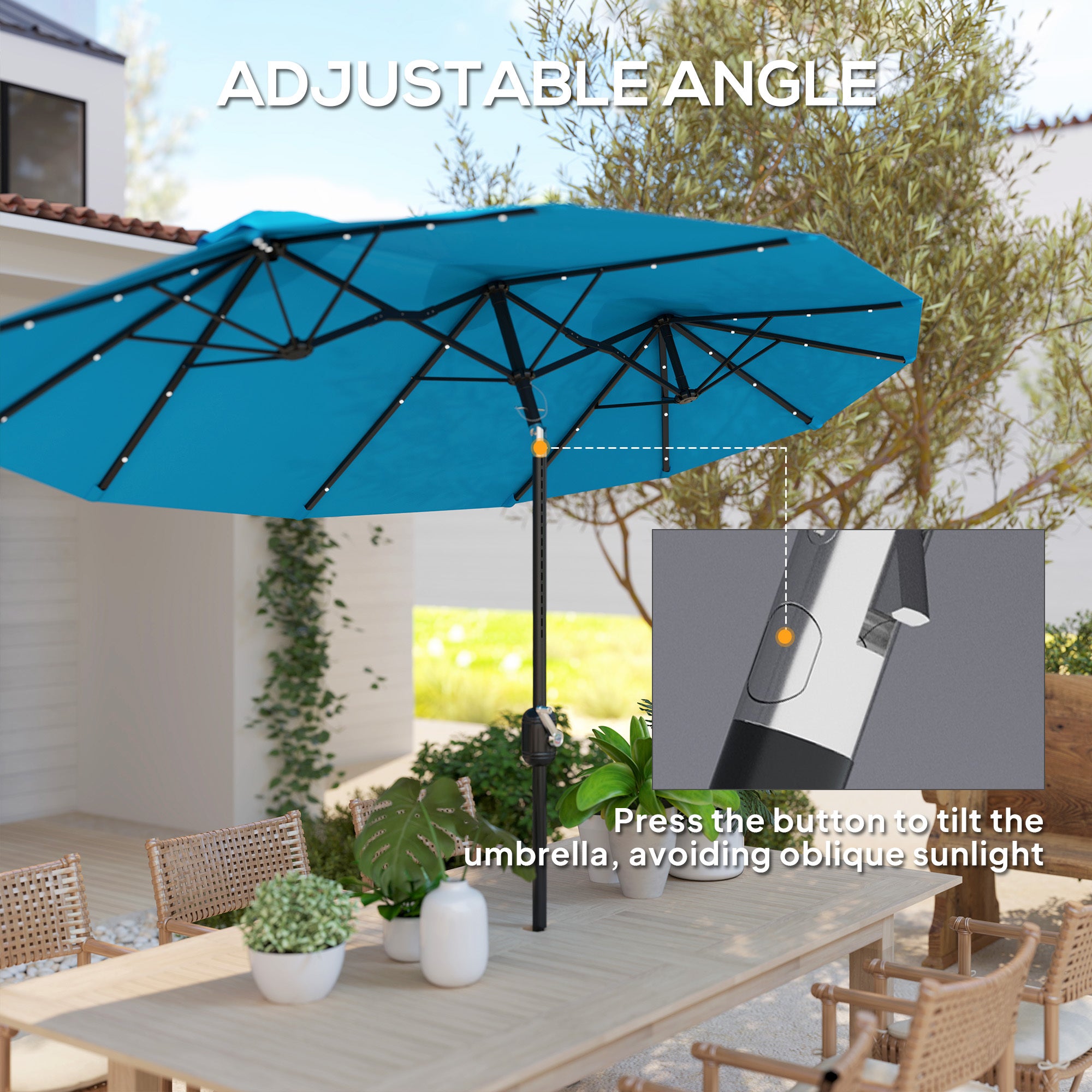 Double-sided Patio Umbrella, 9.7 Outdoor Umbrella With Tilt And Crank, LED Solar Light And 12 Ribs, Light Blue