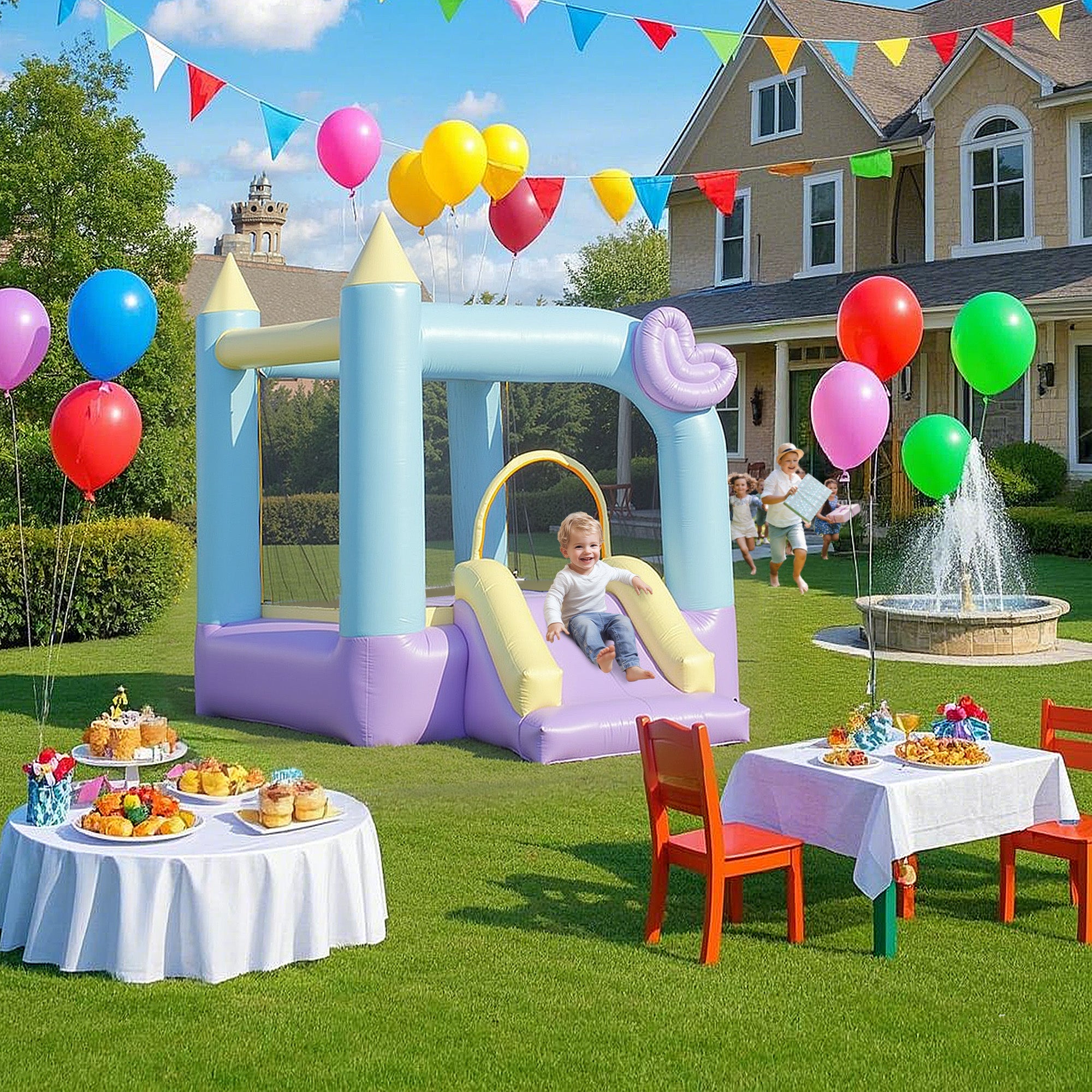 Inflatable Bounce House With Air Blower, Slide, Stakes, Repair Patches, Storage Bag, For Kids Ages 3-8, 98 X 65 X 79