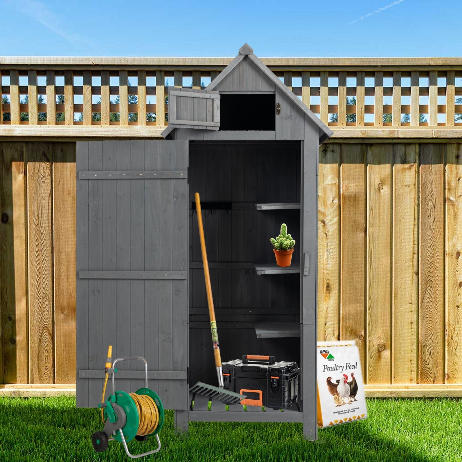 Outdoor Storage Cabinet Tool Shed Wooden Garden Shed 70.5H - Gray