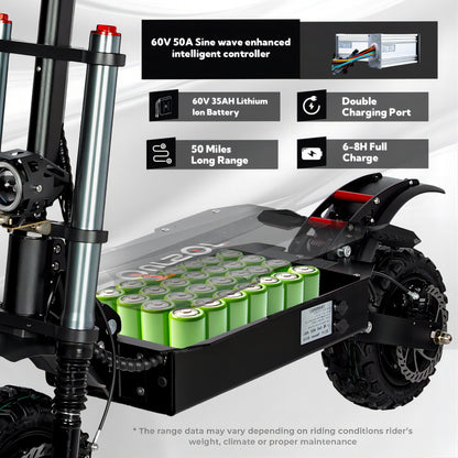 Electric Scooter With Seat, 6000W Power Dual Motor Top Speed 50MPH 60V 35Ah Battery 50 Miles Range, 11 Inch Off-Road Tires For Street Commuting And Limit Offroad - Outdoor Chilling