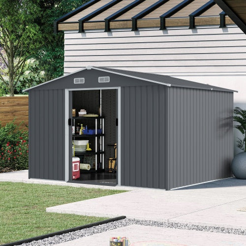 Outdoor Storage Shed 8 X 10 FT Large Metal Tool Sheds Heavy Duty Storage House With Sliding Doors With Air Vent For Patio Lawn To Store Bikes Tools, Lawnmowers Grey