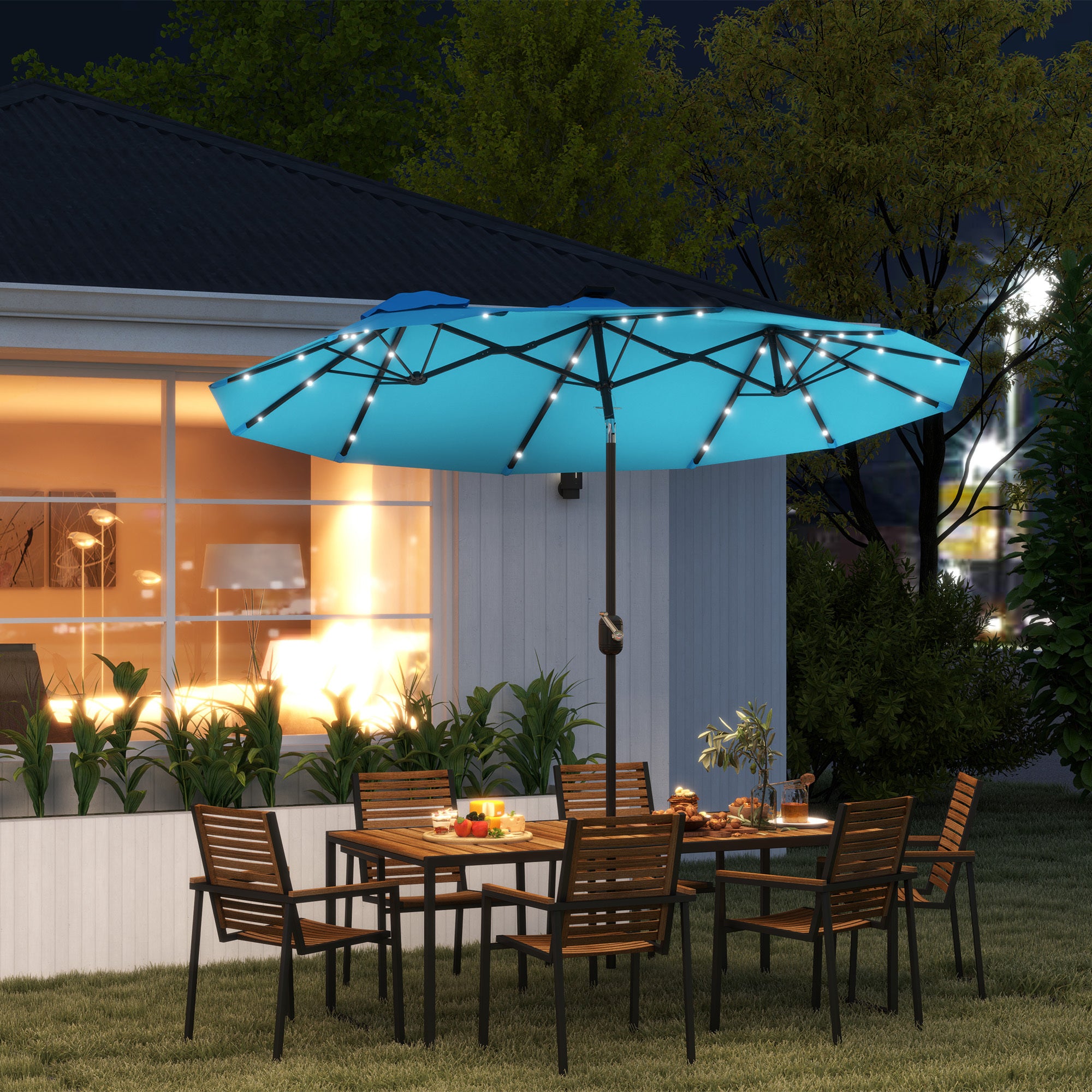 Double-sided Patio Umbrella, 9.7 Outdoor Umbrella With Tilt And Crank, LED Solar Light And 12 Ribs, Light Blue