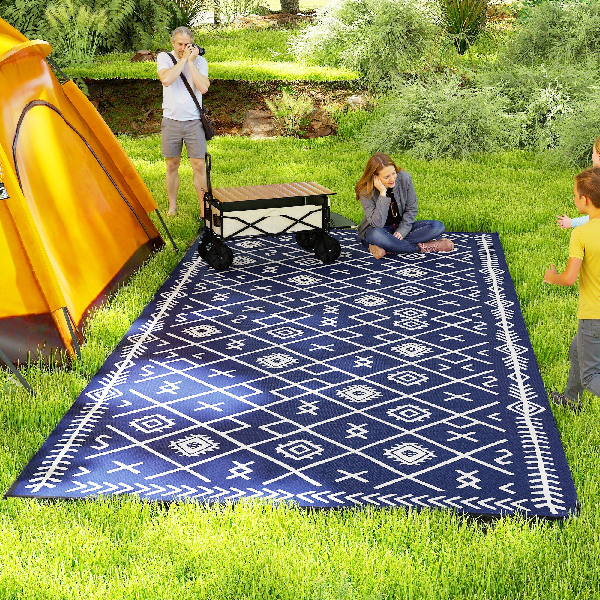 Reversible Outdoor Rug, Waterproof Plastic Straw With Carry Bag, 9 X 18, Blue & White Rhombus