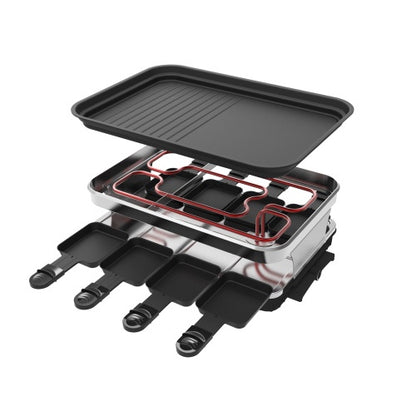 Raclette Grill 8 People Grill Plate Non-stick Coated, Raclette With 8 Mini Raclette Pans, Infinitely Adjustable Temperature, 1500W