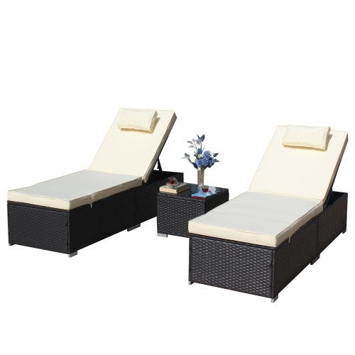 3-Piece Outdoor Patio Furniture Set Chaise Lounge, Patio Reclining Rattan Lounge Chair Chaise Couch Cushioned With Glass Coffee Table, Adjustable Back And Feet, Lounger Chair For Pool Garden, Beige