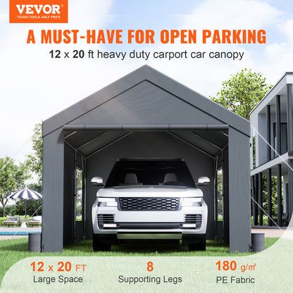 VEVOR Carport, Heavy Duty 12x20ft Car Canopy, Outdoor Garage Shelter With Removable Sidewalls, Roll-up Ventilated Windows & Door, UV Resistant Tarp For Car, Truck, Boat, Darkgray