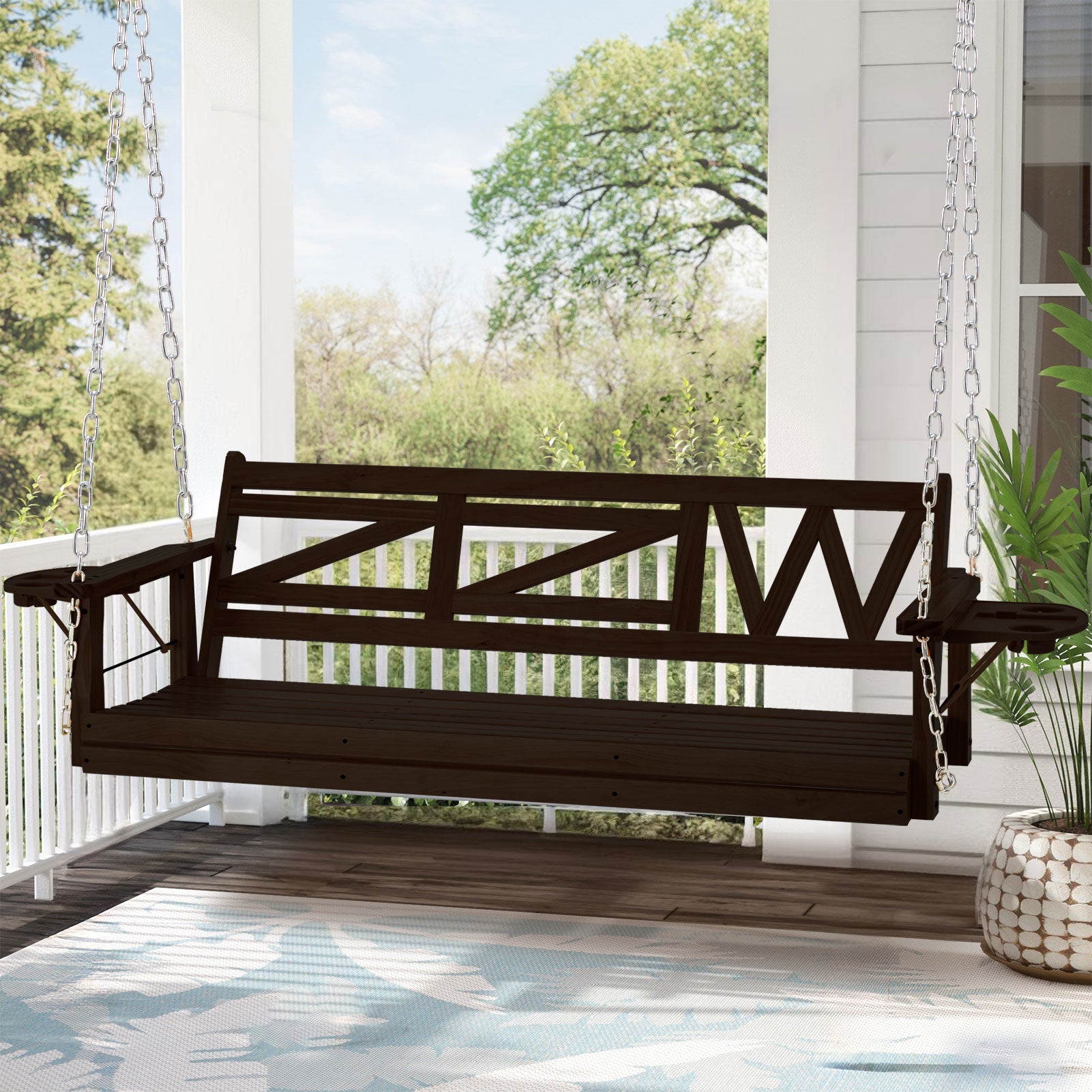 Wooden Outdoor Porch Swing With 3-seat