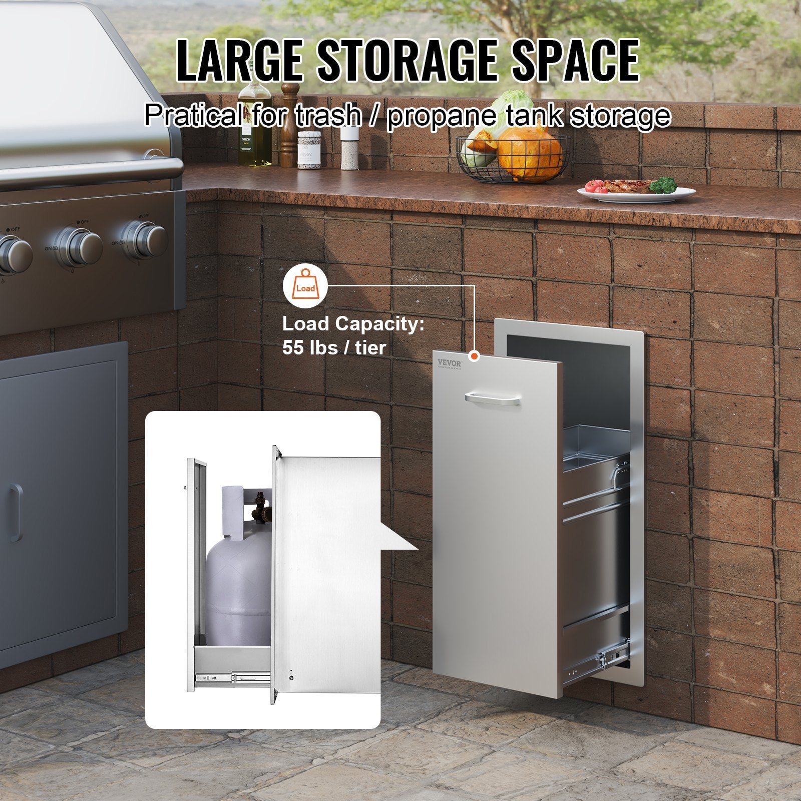 VEVOR Pull Out Trash Drawer 13.4Wx26Hx19.6D Inch Lower Sliding Rails Stainless Steel Roll Out Trash Bin Pull Out Tray Outdoor Kitchen Trash Drawer With Handle For BBQ Island Grill Station