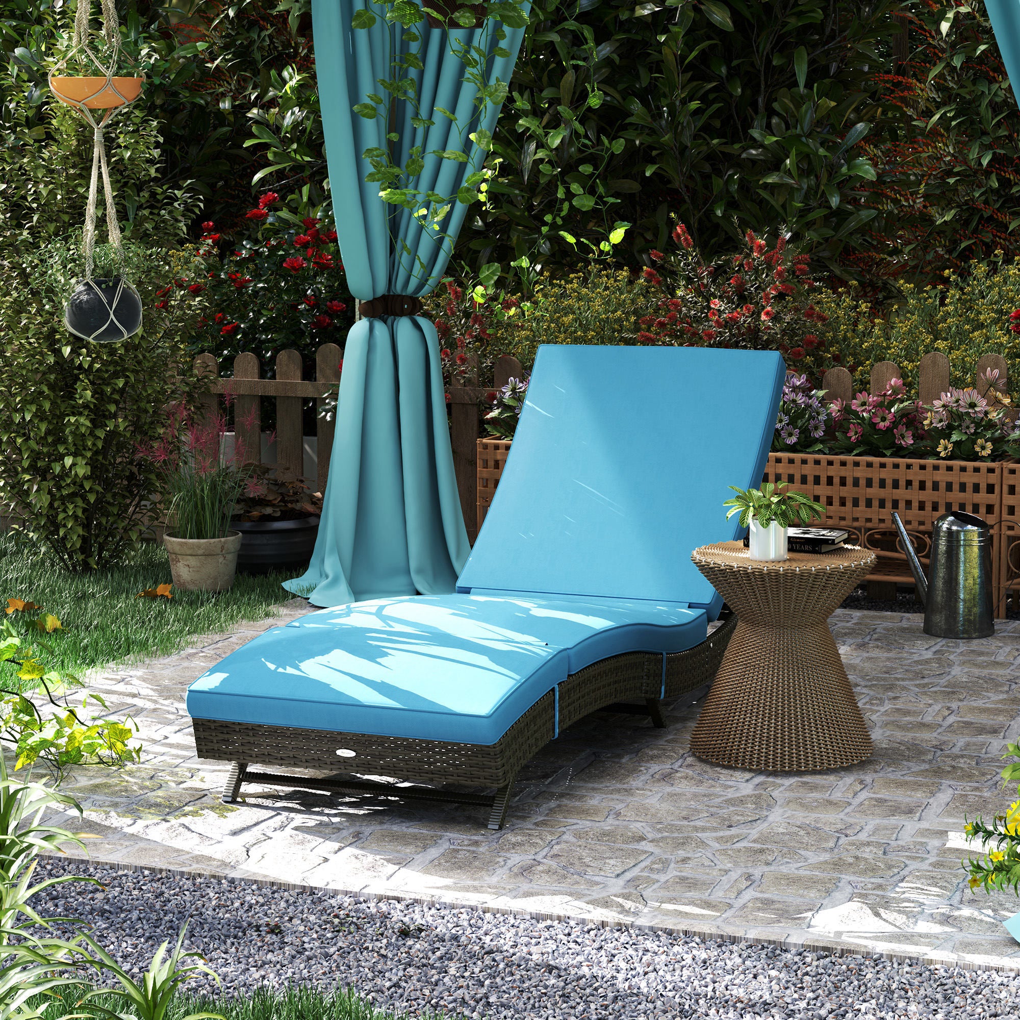 Patio Wicker Chaise Lounge Chair, Outdoor PE Rattan Sun Lounger With Adjustable Backrest And 2 Wheels, Sky Blue