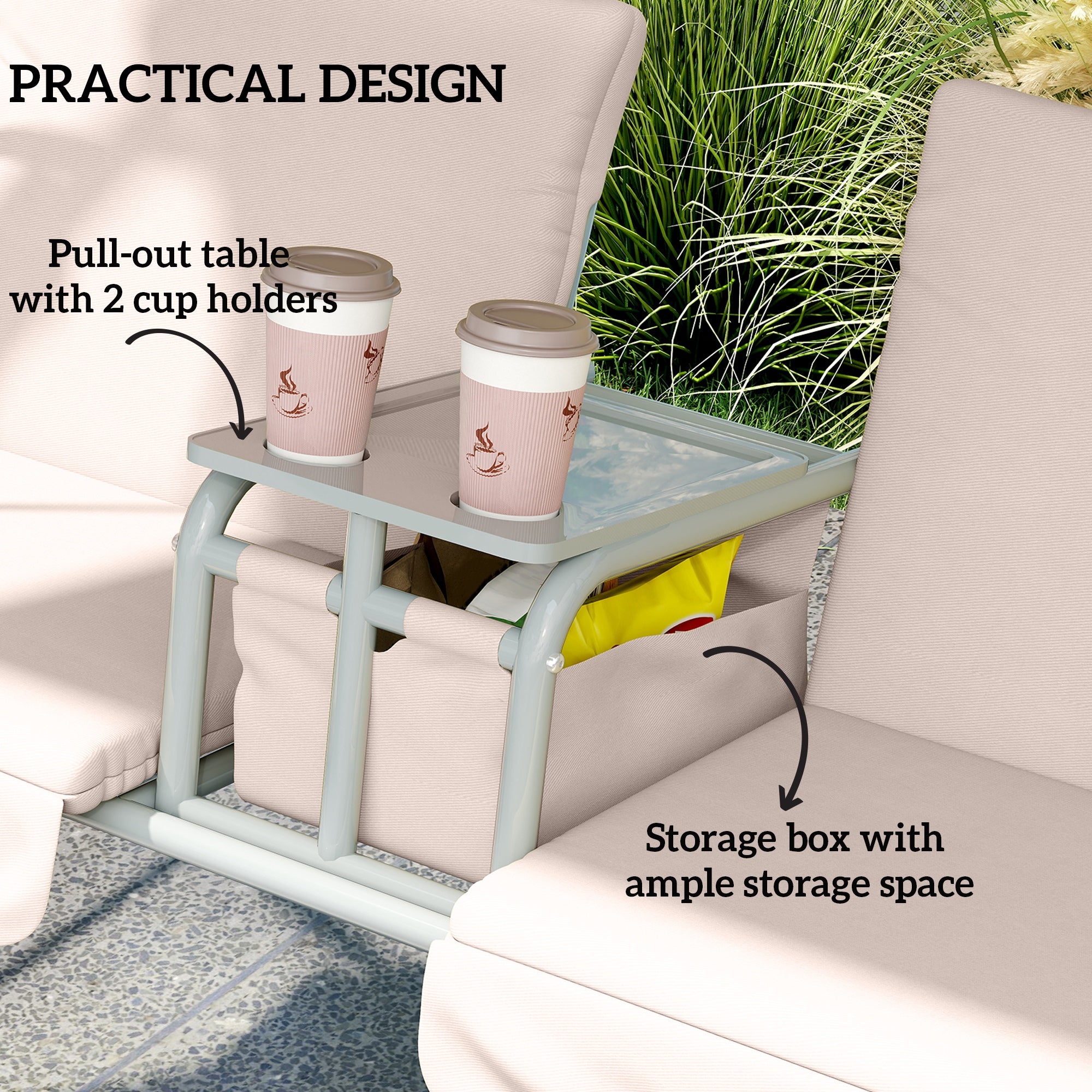 2-Seater Outdoor Porch Swing With Canopy And Table, Patio Swing Chair For Garden, Poolside, Backyard, Beige