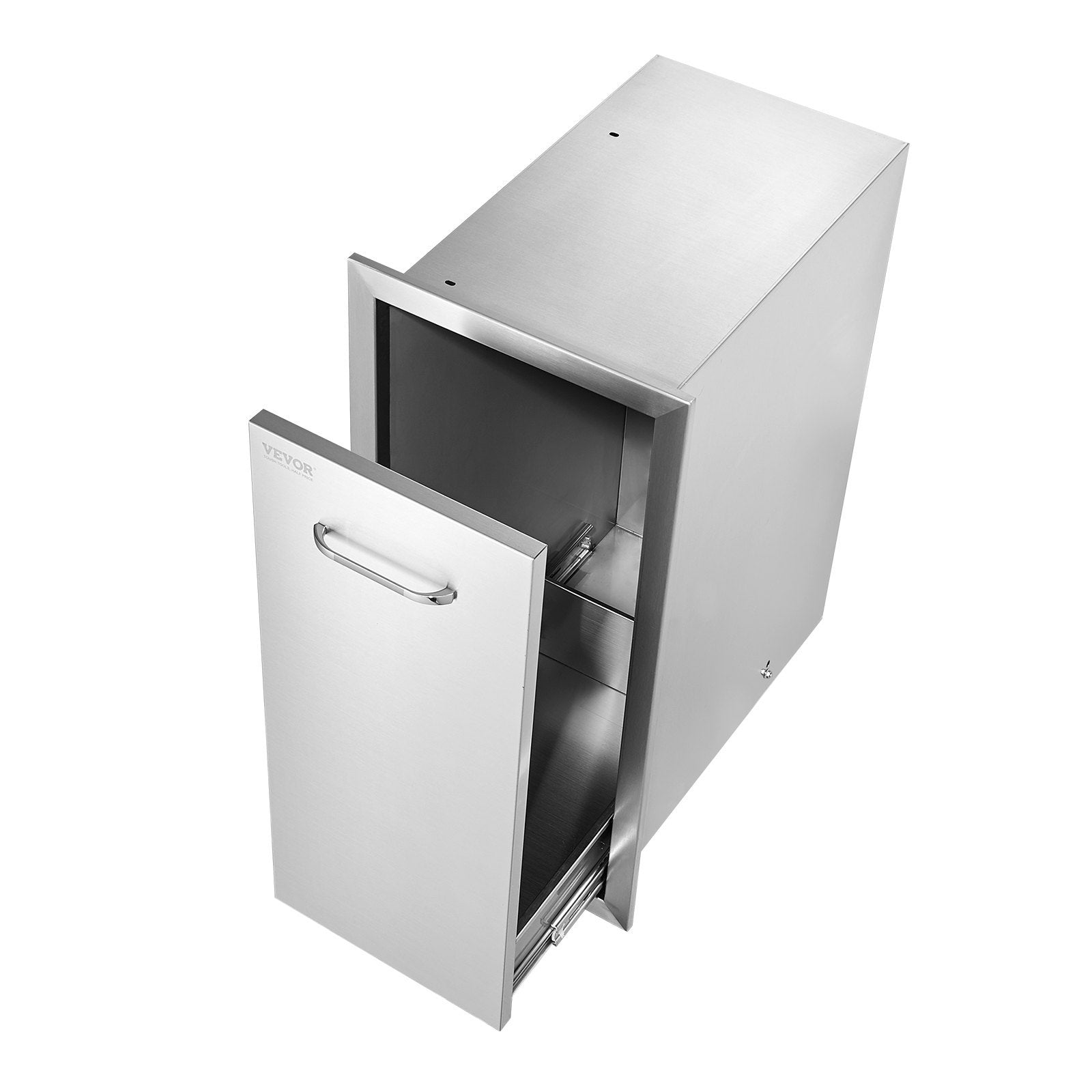 VEVOR Pull Out Trash Drawer 13.4Wx26Hx19.6D Inch Lower Sliding Rails Stainless Steel Roll Out Trash Bin Pull Out Tray Outdoor Kitchen Trash Drawer With Handle For BBQ Island Grill Station